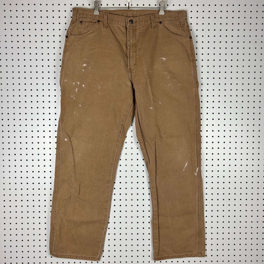 Dickies Relaxed Duck Carpenter Pants Brown 38x32 Distressed Paint Painter Y2K